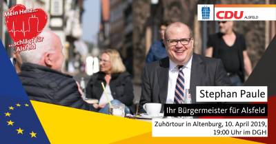 Altenburg  Zuhörtour für alle Bürgerinnen und Bürger
Mi., 10.04.2019; 19:00 Uhr; DGH (kleiner Saal), Stockwiesenweg 2