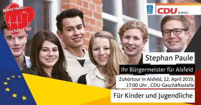 Alsfeld Kernstadt  Zuhörtour für Kinder und Jugendliche
Fr., 12.04.2019; 17:00 Uhr; CDU-Geschäftsstelle, Altenburger Str. 16 A