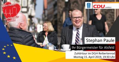 Reibertenrod - Zuhörtour für alle Bürgerinnen und Bürger
Mo., 15.04.2019; 19:30 Uhr; Dorfgemeinschaftshaus Reibertenrod, Sandleite 5