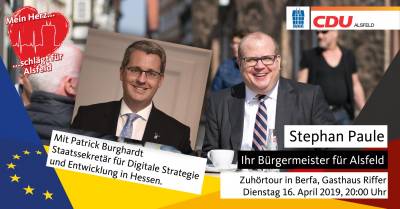Sonderthema: Breitband und Mobilfunk - Zuhörtour Berfa - für alle Bürgerinnen und Bürger
Di., 16.04.2019; 20:00 Uhr; Gasthaus Riffer (Saal), Kasseler Str. 38