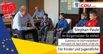 Heidelbach  Zuhörtour für Kinder und Jugendliche:
Mi., 24.04.2019; 17:00 Uhr; DGH Heidelbach, Am Neuen Weg 20